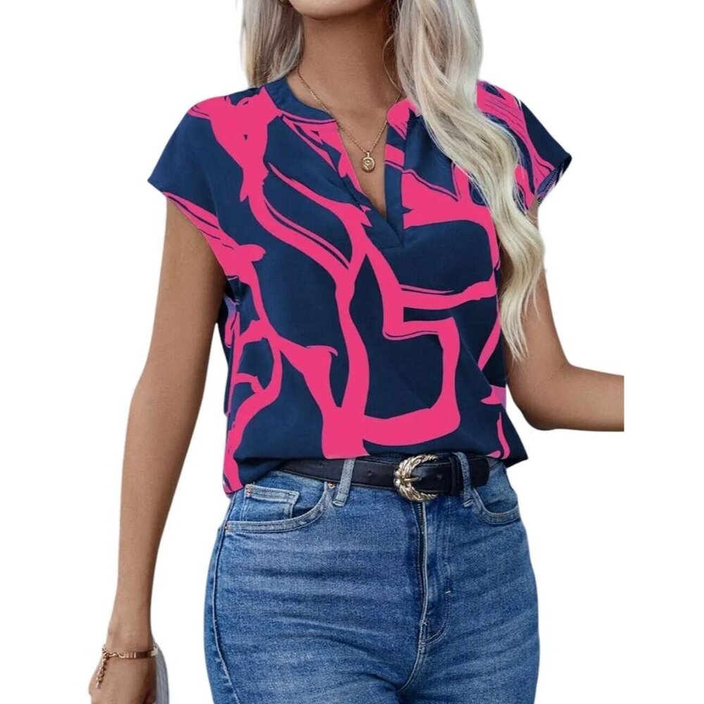 NWT Lovely Navy + Bright Fuchsia V-Neck Short Sleeve Blouse Sizes M, L, XL - Picture 2 of 4